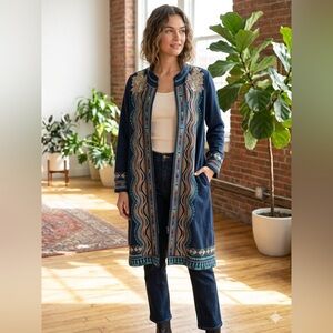 Johnny Was S Embroidered Long Sweatshirt Jacket Duster Navy Blue Southwest